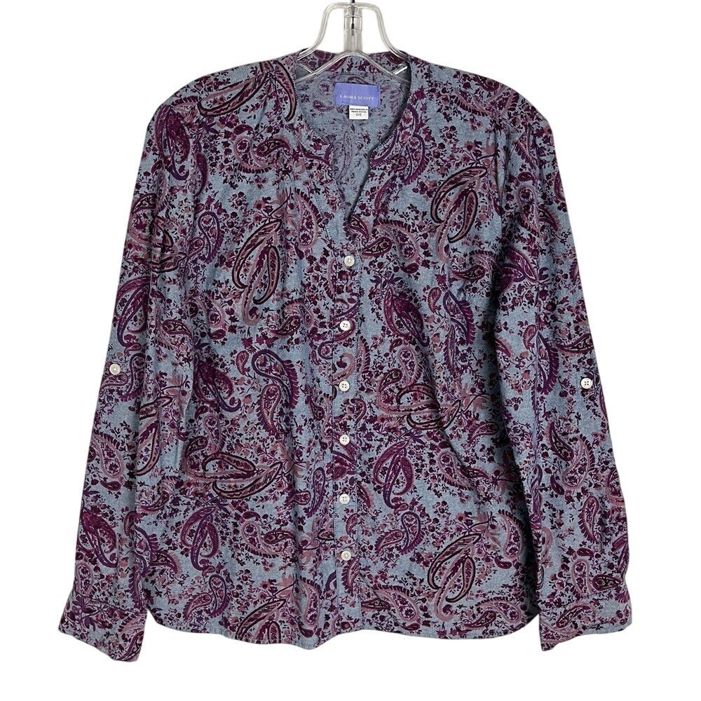 Laura Scott Button Up Shirt Women's Size S/C Paisley Roll Tab Sleeves Blouse Top